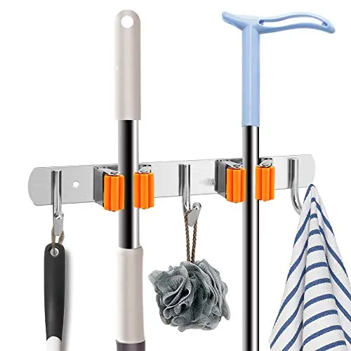 Vodolo No Drilling Mop Broom Holder Wall Mount Garden Tool Organizer, Stainless Steel Heavy Duty Tool Hanger with 2 Racks 3 Hooks for Kitchen Bathroom Closet Garage Office Laundry, Orange