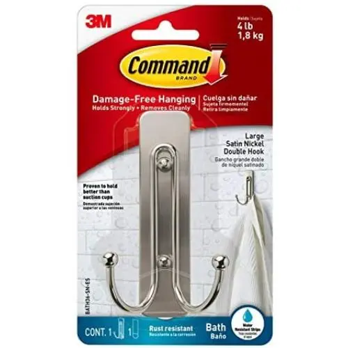 Command Large Double Bath Hook, Satin Nickel, 1-Hook, 1-Water-Resistant Strip, Organize Damage-Free Command Large Double Bath Hook, Satin Nickel, 1-Hook, 1-Water-Resistant Strip, Organize Damage-Free