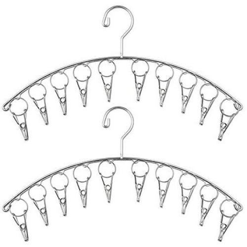 YIHONG 2 Pack Stainless Steel Laundry Drying Rack Clothes Hangers with 10 Clips for Drying Socks,Underwear,Towel,Scarf,Sock Hanger,Gloves,Mitts,Hat,Diapers