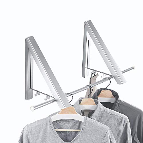 Yillsen Folding Wall Mounted Retractable Clothes Hanger, Aluminum Silver Folding Drying Coat Racks Home Storage Organiser Space Saver for Laundry Room - 2 Packs