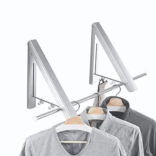 Yillsen Folding Wall Mounted Retractable Clothes Hanger, Aluminum Silver Folding Drying Coat Racks Home Storage Organiser Space Saver for Laundry Room - 2 Packs