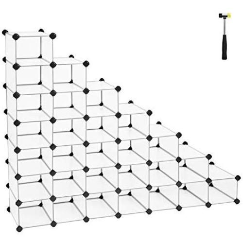 SONGMICS Shoe Rack, Space Saving 32-Pair Plastic Shoe Units, Cabinet Storage Organizer, Ideal for Entryway Hallway Bathroom Living Room, 35.8 L x 14.2 W x 54.7 H Inches, White ULPC48S