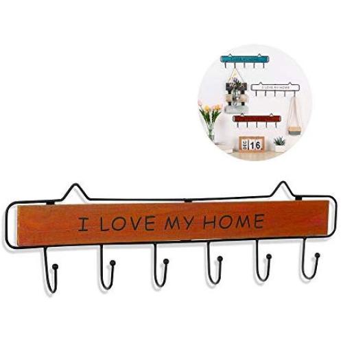 Wall Mounted Clothes Hanger Rack, Wood Retro Storage Rack for Clothes Organizer Hanger Hanging Holder for Bedroom Bathroom(6 Hooks,Brown)