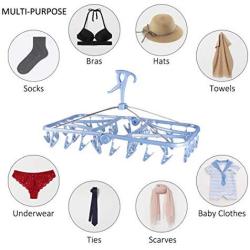 Foldable Clip and Drip Hanger, Socks Hanger Underwear Hanger with 36 Clothespins & Wind-Proof Hook, Hanger for Drying Towels, Bras, Baby Clothes, Plastic Laundry Sock Drying Hanger, Large Blue