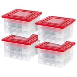 IRIS 37 Quart Holiday Storage Boxes with Ornament Dividers, 4 Pack, Red