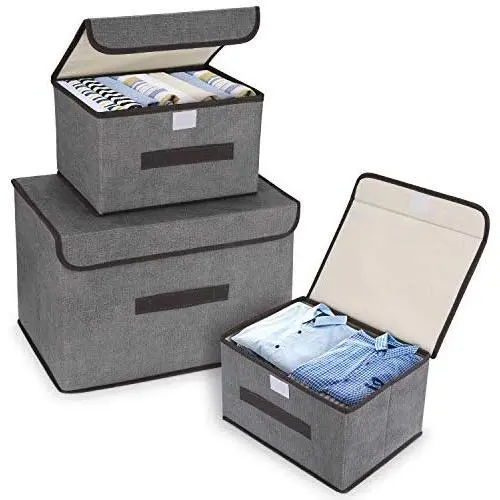 DIMJ Storage Bins 3 Pack Storage Boxes with Lids with Handle Large Fabric Storage Bin Collapsible Storage Cubes for Toy, Books, Closet, Bedroom, Home (Grey)