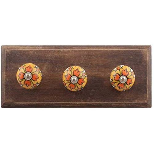 Indianshelf Handmade 1 Artistic Vintage Mustard Wooden Flower Wall Hooks Hangers/Towel Holder Over The Door