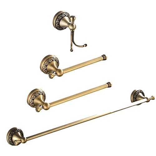 AUSWIND 4-Piece Antique Brass Carved Wall Mounted Bathroom Hardware Set (Toilet Paper holder without cover/Robe Hook/Towel Bar/StraightTowel Rings)