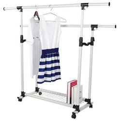 GaGa Portable Adjustable Garment Clothes Double Rail Rack Rolling Hanger Organizer Heavy Duty with Wheels