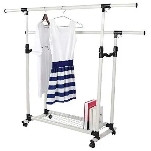 GaGa Portable Adjustable Garment Clothes Double Rail Rack Rolling Hanger Organizer Heavy Duty with Wheels