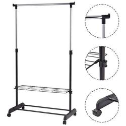 Safstar Adjustable Single Rod Garment Rack Rolling Hanging Rail Clothes Hanger Stand with Shoe Shelf