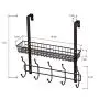 Coat Rack Over The Door Basket Hook Metal Shelf Organizer Black with 5 Hooks and Basket Storage Fit Well at Bedroom Kitchen Bathroom Office for Towels Hats