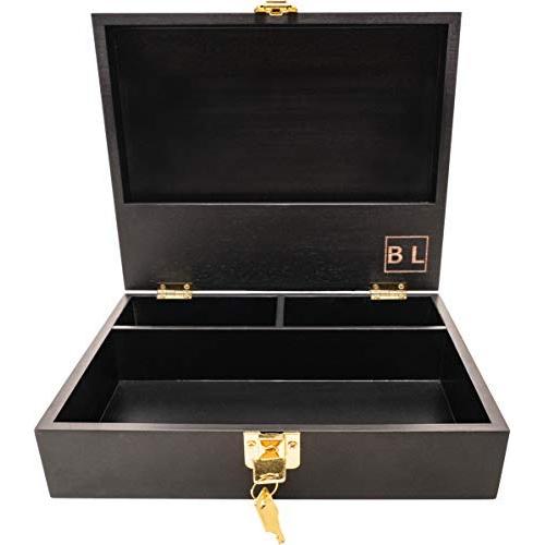 Wooden Stash Boxes with Lock - Large Storage Boxes with Lock and Key - Compartment Boxes with Extra Storage for Accessories - Black Wood Box