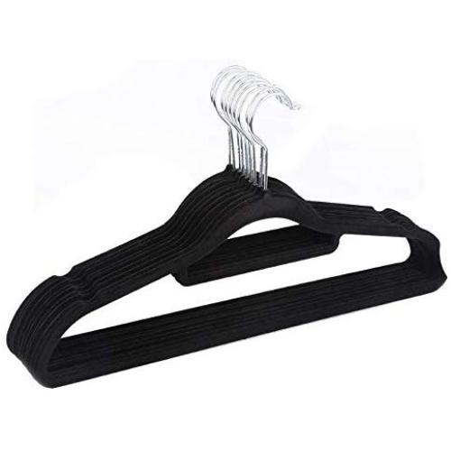 Pack of 10 Random Color Non-Slip Ultra-Thin 360 Degree Swivel Flocked Adult Clothes Hangers with Tie Bar, Notched Shoulders