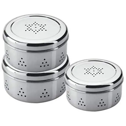 Set Of 3 Stainless Steel Fridge container for Home/Kitchen stackable storage Round Container, coriander steel box Set Of 3 Stainless Steel Fridge container for Home/Kitchen stackable storage Round Container, coriander steel box