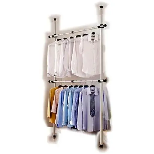 Goldcart 3202 Telescopic Garment Rack, Heavy Duty Design Movable DIY By Hand No Damage to Wall Ceiling Hanging Rail, 0.7-1.3 Meters Wide Adjustable, 120 Kilogram Loading, Reach Hook Included, White Goldcart 3202 Telescopic Garment Rack, Heavy Duty Design Movable DIY By Hand No Damage to Wall Ceiling Hanging Rail, 0.7-1.3 Meters Wide Adjustable, 120 Kilogram Loading, Reach Hook Included, White