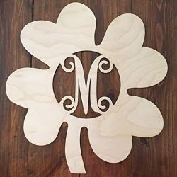 Unfinished Wood Shamrock Monogram Hanger - Spring Door Hanger - Four Leaf Clover Monogram Wall Hanger - Shamrock Initial Wreath Wood