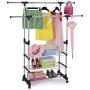 Cypress Shop Rolling Double Rail Rack 3 Tiers Cloth Hanger Laundry Clothing Rack Hanging Bar Stainless Steel Pipe Adjustable Garment Hanger Clothing Drying Dryer Indoor Outdoor Use Home Furniture