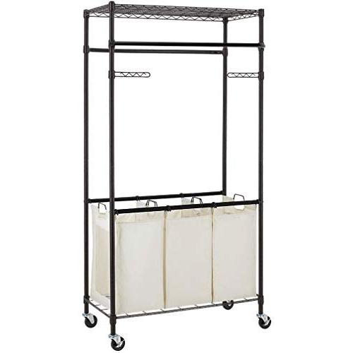 3 Compartment Laundry Sorter Hamper Heavy Duty Clothes Rack Hanging Rolling Laundry Cart with Wheels Rod Garment Rack Double Metal Height Adjustable Shelves Commercial Grade for Laundry room,Bronze