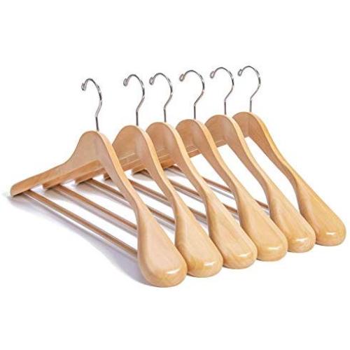 Nature Smile Luxury Natural Wooden Suit Hangers - 6 Pack - Wood Coat Hangers,Jacket Outerwear Shirt Hangers,Glossy Finish with Extra-Wide Shoulder, 360 Degree Swivel Hooks & Anti-Slip Bar with Screw