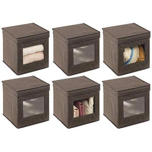 mDesign Soft Fabric Stackable Closet Storage Organizer Boxes with Clear Window and Attached Hinged Lid for Bedroom, Hallway, Entryway, Closets, 6 Pack - Espresso Brown