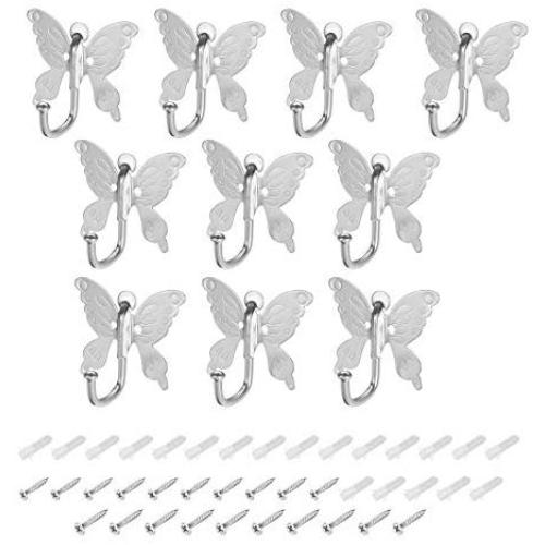 uxcell 10Pcs Wall Mounted Hook Robe Hooks Butterfly Style Single Clothes Hanger, Zinc Alloy, Silver