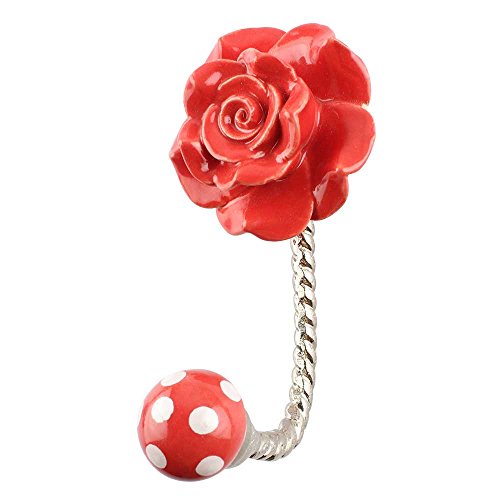 Indianshelf Handmade 1 Artistic Vintage Red Ceramic Flower Coat Hooks Hangers/Key Holder Wall Mount
