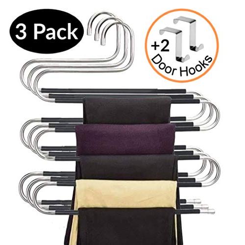 Calido Designs S-Shape Pants Hangers Space Saving Hangers Non Slip Clothes Hangers Stainless Steel Pant Hangers for Jeans Scarf Ties Belts Skirt and Pants Hanger Organizer (3 Pack with 2 Door Hooks)