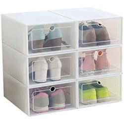 Yagaga Stackable Shoe Storage, 6 Pcs Transparent Shoe Boxes Flip Design Plastic Storage Case Organizer Dustproof Clear Plastic Shoe Storage Boxes for Home (White)