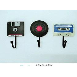 Christmas Gift 3 Pcs Vintage Hand Made Painted Poly Resin Recorder Tape Computer Disc Home Door Wall Mount Hooks Home Towel Clothes Hat Coat Key Hanger (Style # C)