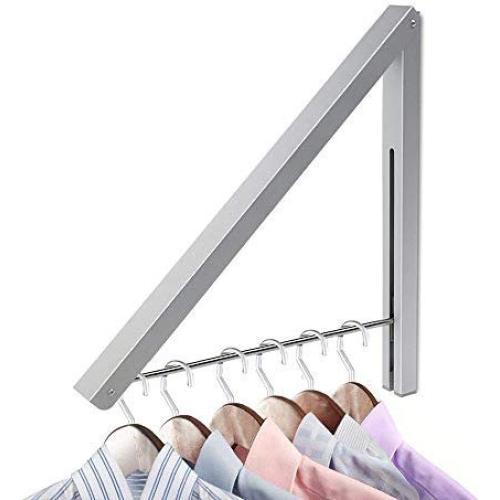 Yillsen Folding Wall Mounted Retractable Clothes Hanger, Aluminum Folding Drying Coat Racks Home Storage Organiser Space Saver for Laundry Room - Silver