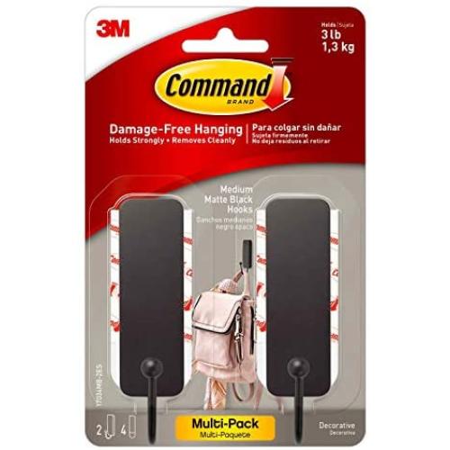 Command Medium Matte Black Decorative Hook, 2-Hooks, 4-Strips Per Pack, Decorate Damage-Free