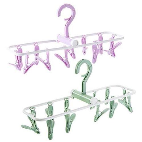 Aschic Travel Foldable Clips Portable Plastic Clothespins Drip Hangers Baby Drying Rack Lingerie Hanger Underwear Peg Dryer(2 Pack, Purple/Green) (Assorted)