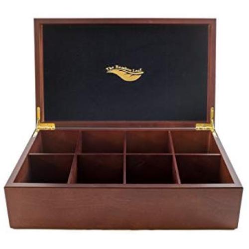 The Bamboo Leaf Tea Boxes Storage Organizer for Tea Collections, 8 Compartment w/Solid Lid (Cherrywood)