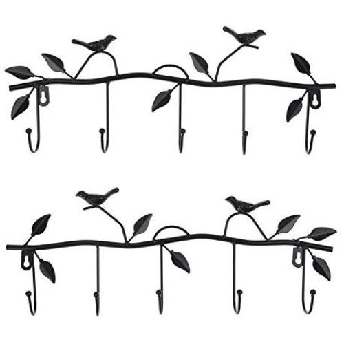 Dorlotou 2 Pack Wall Mounted Clothes Hanger Wall Decor Metal Twig & Bird with 5 Hooks for Coats, Hats, Keys, Towels