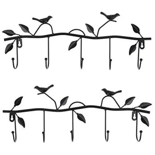 Dorlotou 2 Pack Wall Mounted Clothes Hanger Wall Decor Metal Twig & Bird with 5 Hooks for Coats, Hats, Keys, Towels