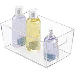 mDesign Modern Bathroom Plastic Organizer Storage Bin Totes with Handles for Organizing Small Hand Soaps, Body Wash, Shampoos, Makeup, Hand Towels, Hair Accessories, Body Spray - Clear