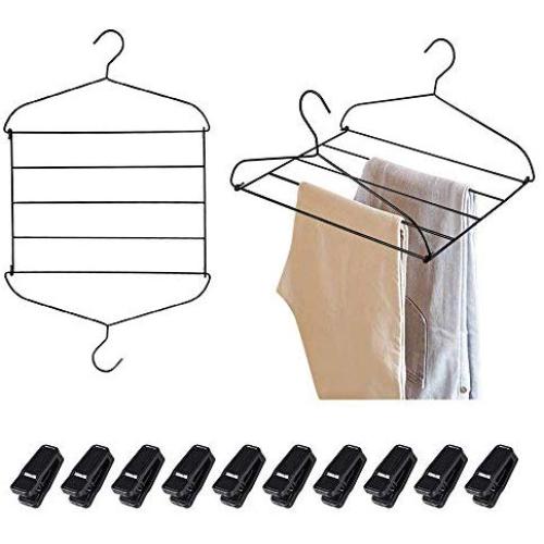 Pants Hangers, NUOSEM Space Saving Hangers - with 10 Clips Multi-layer Non Slip Slack Hangers - Closet Organizer Swing Arm Jeans Trouser Hanger for Scarf Shock Towel Mens Clothes Hangers, Black 2pack