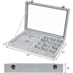 Yomitt Ice Velvet Clear Lid Jewelry Boxes Organizer with Lock 7 Rows Earring Ring Case 12 Grid Jewelry Storage Boxes for Girls,Gray(2 in 1)