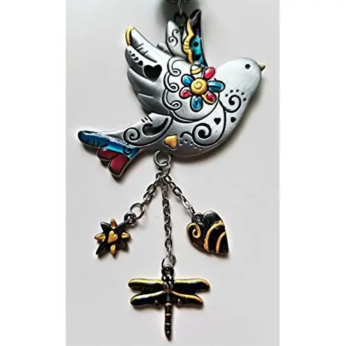 Car Charm, Truck, Window, Rear View Mirror Hanger, sun catcher - Peaceful Bird with dangling heart & dragonfly