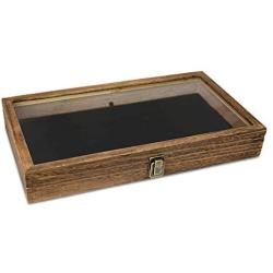 Mooca Wood Glass Top Jewelry Display Case, Wooden Jewelry Tray for Collectibles, Home Organization, Accessories Storage Boxes with Metal Clasp and Black Velvet Pad, Brown