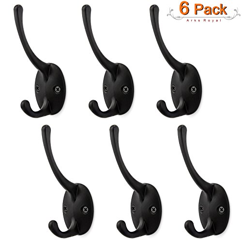 Wall Mounted Coat and Hat Hook Dual Robe Hanger 1" Wide Small Double Prong Hook, 6 Pieces, Black Wall Mounted Coat and Hat Hook Dual Robe Hanger 1" Wide Small Double Prong Hook, 6 Pieces, Black