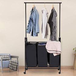 Heize best price Black 3 Bag Home Rolling Laundry Sorter Cart Hamper Clothes Organizer with Hanging Bar Closet System Storage Organizer Garment Rack Clothes Hanger Dry Shelf Heavy Duty(U.S. Stock)