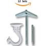 Pack of 12 Complete Sets ? Heavy Duty Metal Ceiling Hooks, Wide Opening Swag Hooks, Plant Hanging Hooks with Hardware, White Enamel Finish