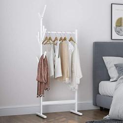 LANGRIA Single Rail Bamboo Garment Rack with 8 Side Hook Tree Stand Coat Hanger and Four Stable Leveling Feet for Jacket, Umbrella, Clothes, Hats, Scarf, and Handbags (White)