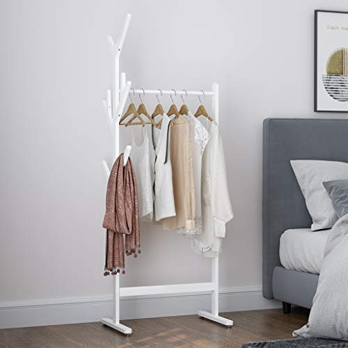 LANGRIA Single Rail Bamboo Garment Rack with 8 Side Hook Tree Stand Coat Hanger and Four Stable Leveling Feet for Jacket, Umbrella, Clothes, Hats, Scarf, and Handbags (White)