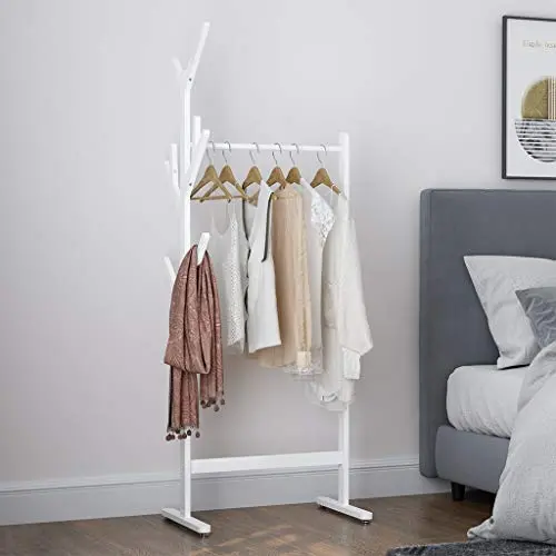 LANGRIA Single Rail Bamboo Garment Rack with 8 Side Hook Tree Stand Coat Hanger and Four Stable Leveling Feet for Jacket, Umbrella, Clothes, Hats, Scarf, and Handbags (White) LANGRIA Single Rail Bamboo Garment Rack with 8 Side Hook Tree Stand Coat Hanger and Four Stable Leveling Feet for Jacket, Umbrella, Clothes, Hats, Scarf, and Handbags (White)