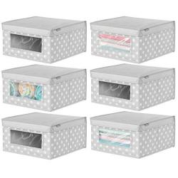 mDesign Soft Stackable Fabric Closet Storage Organizer Holder Boxes - Clear Window and Lid, for Child/Kids Room, Nursery, Playroom - Polka Dot Print - Medium, 6 Pack - Light Gray with White Dots