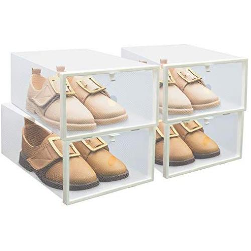 FIXSMITH Clear-Plastic-Shoe-Storage-Boxes-Foldable Shoe Containers 4 Pack,Stackable Shoe Cases w/White Frame,Back to School,Transparent Shoe Organizer Boxes for Closet,Shelf,Deck&More,Multi-Purpose.