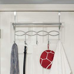 Home Basics Steel Over the Door Hanger Hooks with Towel Bar, 5 Hook Rack for Coat, Clothes, bags, Robe, Chrome